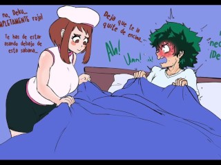 Uraraka y mina quieren montar la gran polla de midoriya hasta quedar llenas con su espeso semen