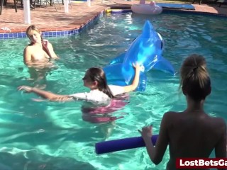 Derek is getting his cock sucked by all four wet girls in the pool