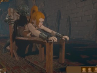 Goblins lined up to fuck the holes of a cute red-haired girl