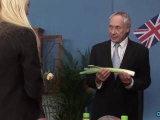 Lovely secretaries fucking with two horny guys in the office