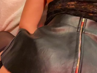 Leather upskirt gives blowjob and fucks in pantyhose