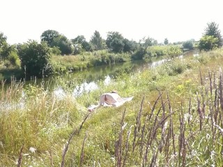 Nude Milf sunbathing on shore. Random guy watching. Naked in public. Nudist beach. Doggystyle. POV