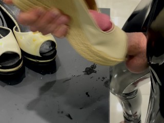 Fucking Wedge Heels Full of Dried Cum in Latex Pants and Cum on High Heels