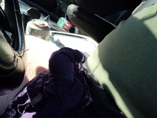 Cumming in friends panties while driving almost caught