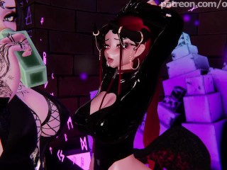 Busty Goth Witch Summons her Bratty Succubus Servant to Discipline her with Girlcock