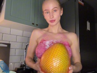 body art from a blonde student. Naked boobs making an appetizer