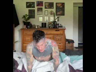 Grinding my pussy into the bed until I cum-Butch, FTM, Muscles, Tattoos