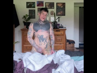 Grinding my pussy into the bed until I cum-Butch, FTM, Muscles, Tattoos