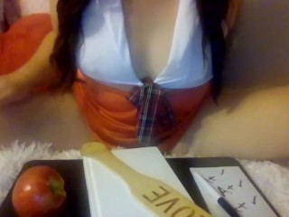 Teacher MindySueLove Welcomes Her Students To Her Naughty Slutty Class And Eats Her Apple Riding You