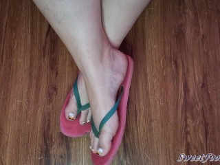 Dangling Flip Flops on Pedicured Crossed Big Feet with Toe Tapping and Fidgeting - You May Cum ;)