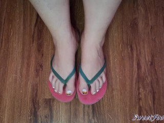 Dangling Flip Flops on Pedicured Crossed Big Feet with Toe Tapping and Fidgeting - You May Cum ;)
