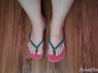 Dangling Flip Flops on Pedicured Crossed Big Feet with Toe Tapping and Fidgeting - You May Cum ;)