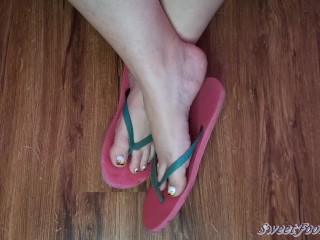 Dangling Flip Flops on Pedicured Crossed Big Feet with Toe Tapping and Fidgeting - You May Cum ;)