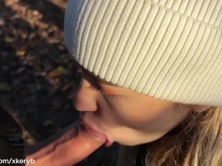 Russian blonde gave a blowjob in the forest and left, showing her ass! I'm glad about this!