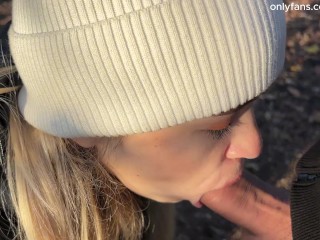Russian blonde gave a blowjob in the forest and left, showing her ass! I'm glad about this!