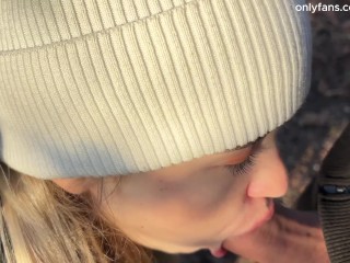 Russian blonde gave a blowjob in the forest and left, showing her ass! I'm glad about this!