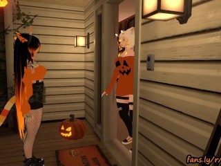 Hot catgirl gets a special treat while trick or treating~