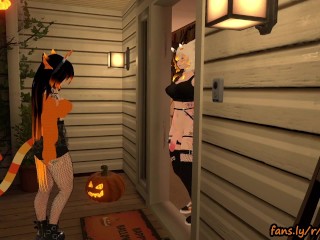 Hot catgirl gets a special treat while trick or treating~