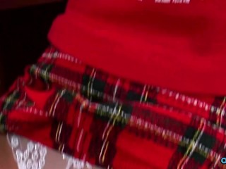 Masturbating beauty shows off her hot body in red lingerie and black stockings.