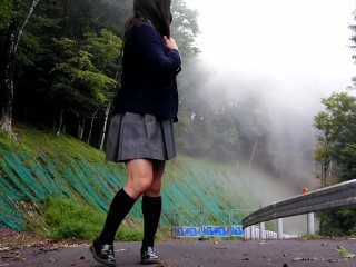Perverted schoolgirls are captivated by outdoor exposure masturbation on an abandoned road