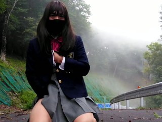 Perverted schoolgirls are captivated by outdoor exposure masturbation on an abandoned road