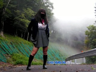Perverted schoolgirls are captivated by outdoor exposure masturbation on an abandoned road