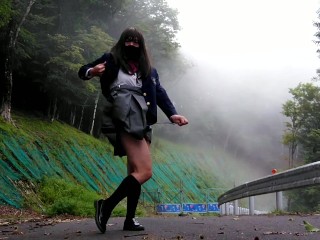 Perverted schoolgirls are captivated by outdoor exposure masturbation on an abandoned road