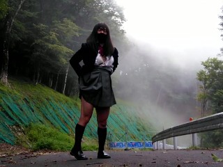 Perverted schoolgirls are captivated by outdoor exposure masturbation on an abandoned road