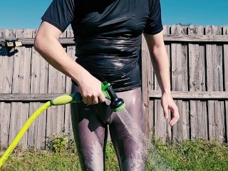 Man Gets Wet in Shiny Spandex Tights with Hose After Workout at Gym