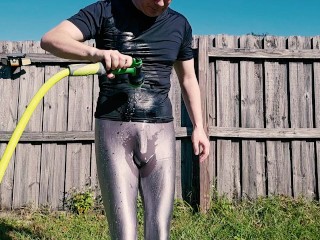 Man Gets Wet in Shiny Spandex Tights with Hose After Workout at Gym