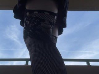 Girl tries to hold her pee in sexy lingerie fishnets high heels omorashi peeing upskirt