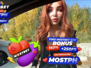 BIG Tits Redhead Give me Blowjob while Driving on Highway - Cum Swallow