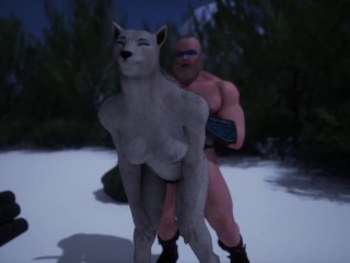 Sexy busty furry babe gets fucked by big cock outdoors until he cums on her face in wild life sex