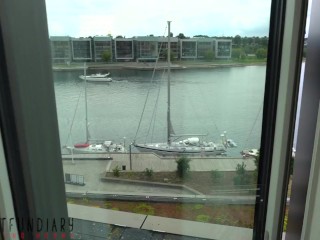 beautiful lady in sexy bodycon dress and high heels creampie fuck on a desk in front hotel window