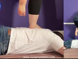 100 stomps and jumps from sisters on human rug