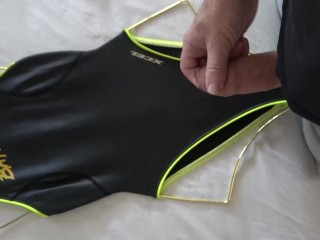 Guy with Foreskin cums over Baywatch Hawaii One Piece Swimsuit