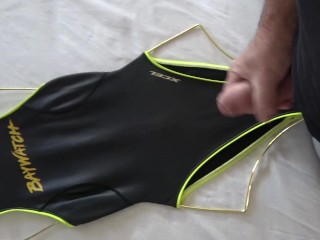 Guy with Foreskin cums over Baywatch Hawaii One Piece Swimsuit