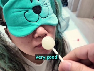 Blindfolded japanese step-sister tricked to suck cock in a game of "Guess the taste" with lollipops