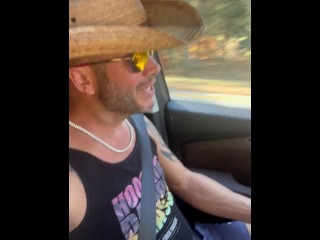 Jerking my big white cowboy cock driving down the road at 60 MPH pt 1