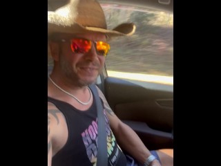 Jerking my big white cowboy cock driving down the road at 60 MPH pt 1