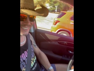 Jerking my big white cowboy cock driving down the road at 60 MPH pt 1