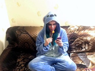 Emo girlfriend sucks lollipop and something else in Stitch cosplay