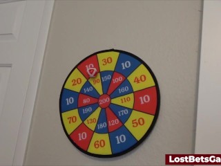 A strip darts game with two skinny babes and a lucky guy