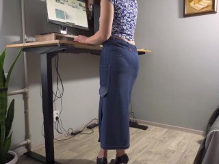 Milf Secretary In Jean Skirt Teases Visible Panty Line