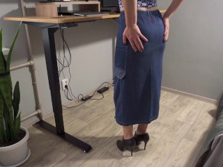 Milf Secretary In Jean Skirt Teases Visible Panty Line