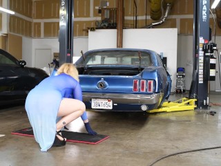 Hot Blonde Latina Checks Car Safety In Transparent Dress!