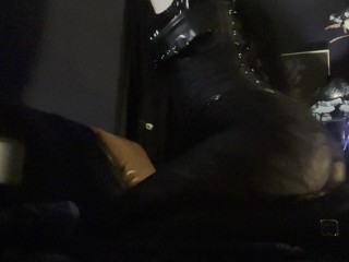 Extremly Hot Mistress in Leather Corset and Pantyhose is edging her pussy until SHAKING ORGASM