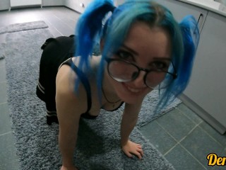 cute blue-haired schoolgirl with glasses loves to have anal sex after school and gets cum on her fac