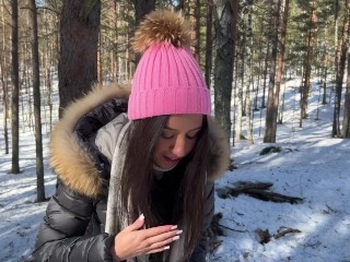 Real Sex in Winter Snowy Forest with Cum in Pussy - Creampie