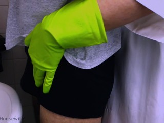 My Wife's Rubber Gloves Surprise Me in the Bathroom and it Ends with a Handjob